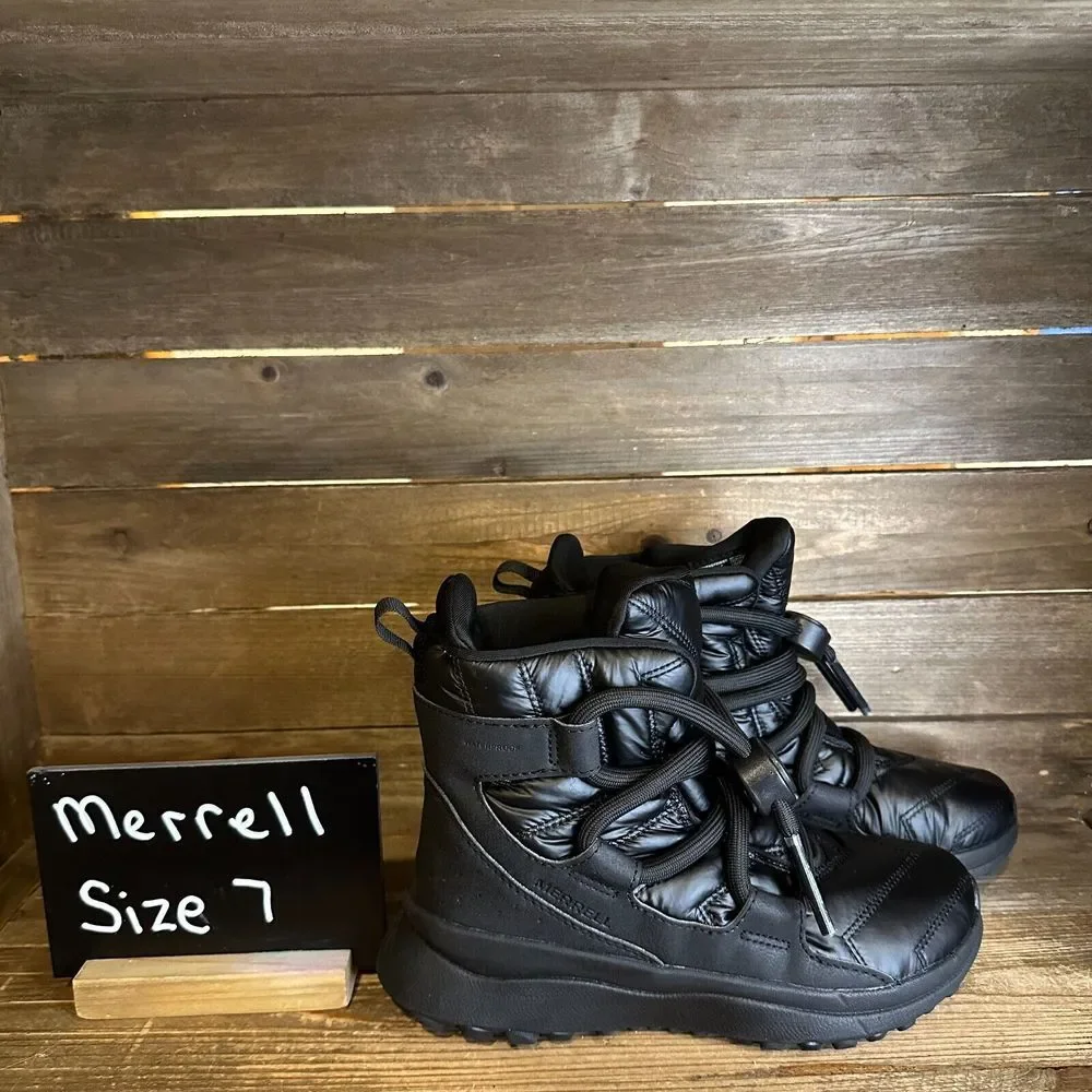 New NWOB Womens Merrell Cloud Puff Black Waterproof‎ Winter Snow Boots Size 7 M